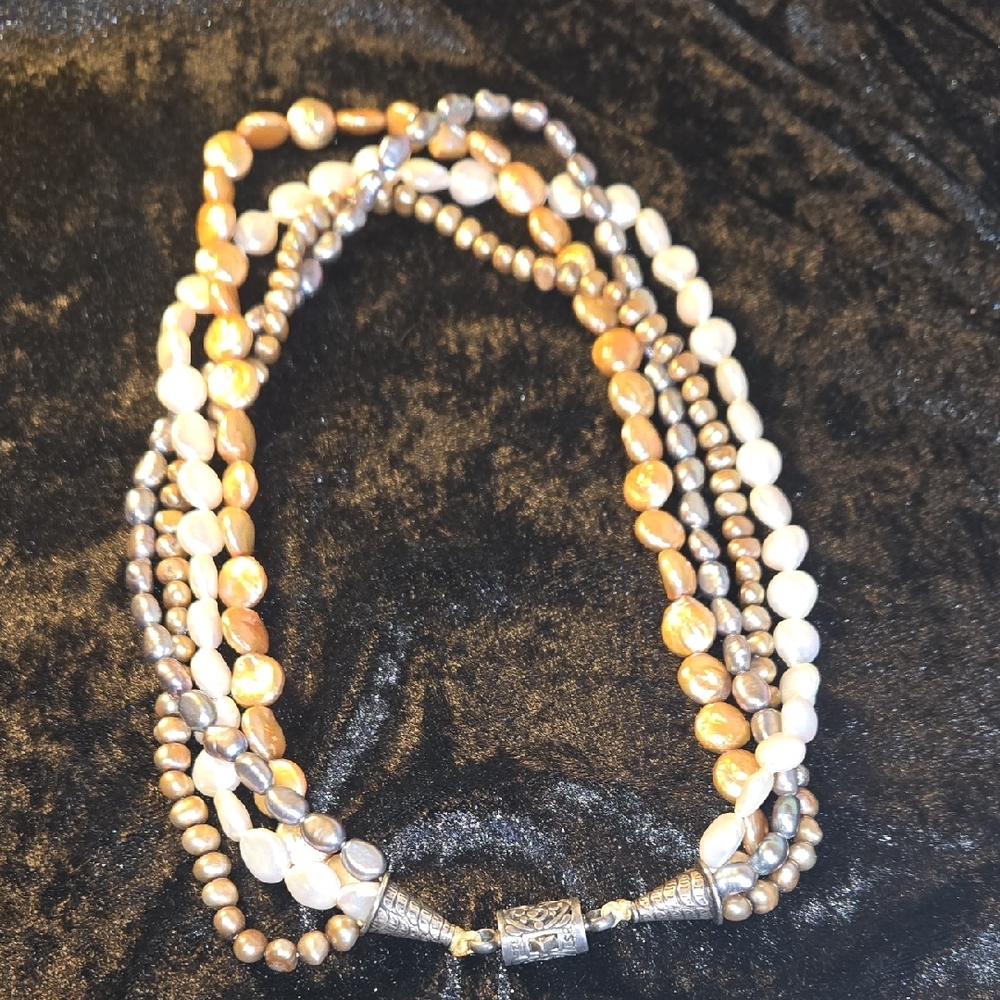 Elegant Multi-Strand Baroque Pearl Necklace 925 Silver Clasp